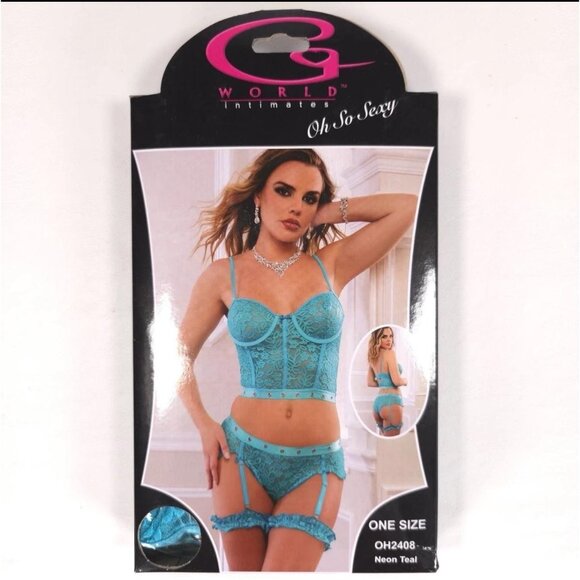 3 Pc Studded Bustier Top and Hiphugger Set With Garters One Size Neon Teal - Picture 3 of 7